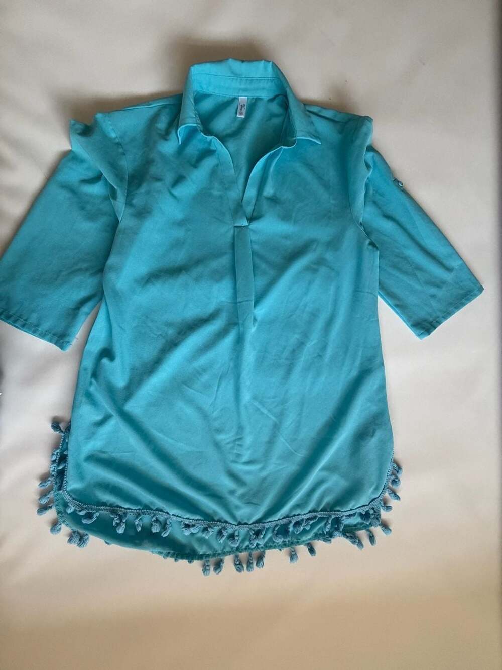 Yincra Womens S Teal 3/4 Sleeve Tunic Top Tassel Hem Boho Shirt